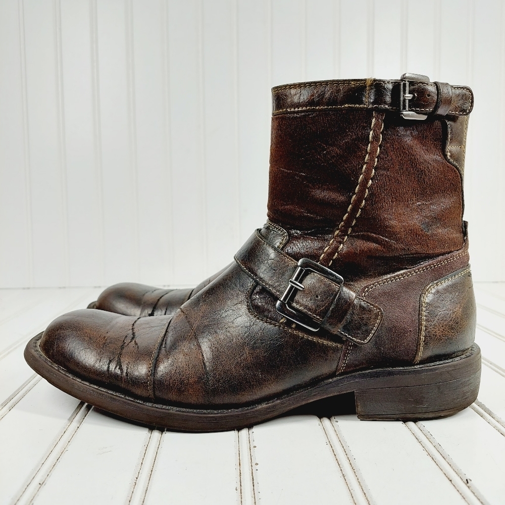 Hotter Brown Leather Buckle Detail Combat Moto Ankle Boots E175